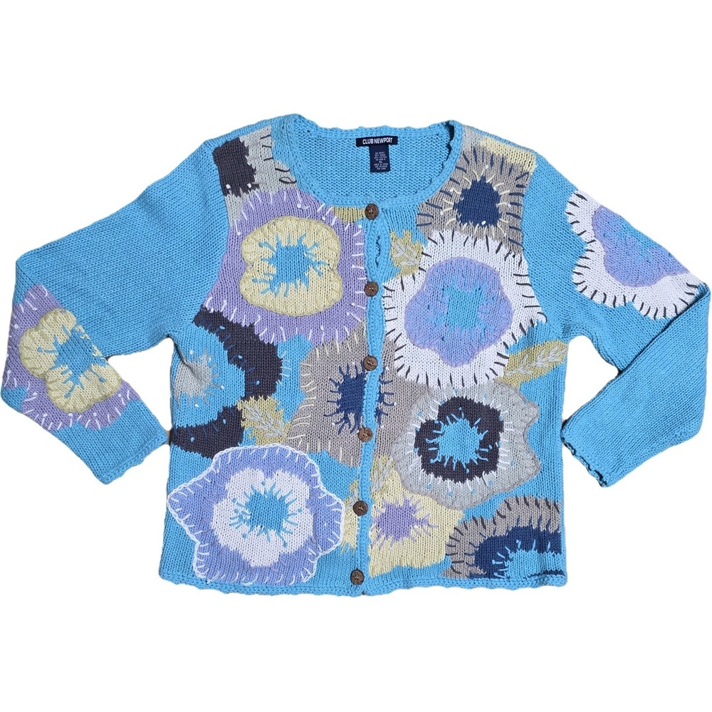 Vintage Club Newport Women's Floral Blue Knit Button Up Cardigan Sweater Size XL